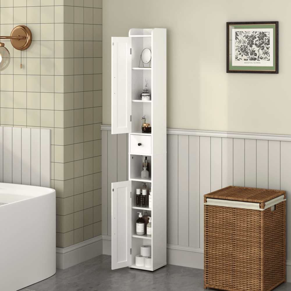 67.51" Tall Bathroom Storage Cabinet with Adjustable Shelves,Slim 2 Doors Freestanding Cabinet with Anti-Tip, Open compartments, for Home, Small Spaces, Bathroom,Kitchen, Living Room, White