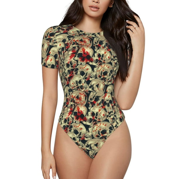 Balery Skulls1 Body de cuello redondo de manga corta para mujer Tops de manga corta Tops básicos-Large