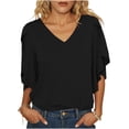 thumbnail image 2 of Zynoxe Womens 3/4 Ruffled Sleeve Tops Casual Solid Color V-neck Blouses for Daily Wear Summer Loose Flowy Business Work Shirt Tops Black XL, 2 of 6