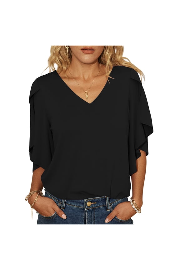Women Blouses Dressy Casual V Neck 3/4 Split Sleeve Flutter Chiffon Tops Loose Fit Casual Work Shirts Fashion Summer Elegant Tunics Black,L