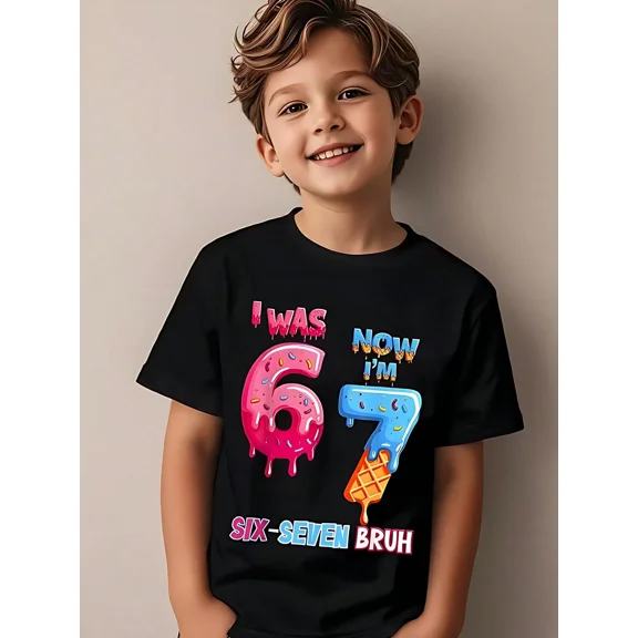 children’s wear Funny 7th Birthday Shirt for Boys and Girls, I Was 6 Now I'm 7 Bruh Kids Graphic T-Shirt, Cute Donut and Ice Cream Birthday Party Tee for Child