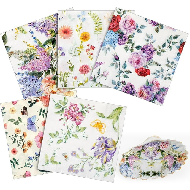 50 Pack 5 Styles Assorted Floral Napkins for Decoupage Decorative Decoupage Napkins Cocktail Decorative Paper for Birthday Party Beautiful Gorgeous, Each Unfolded 13 Inch (Wildflower)---