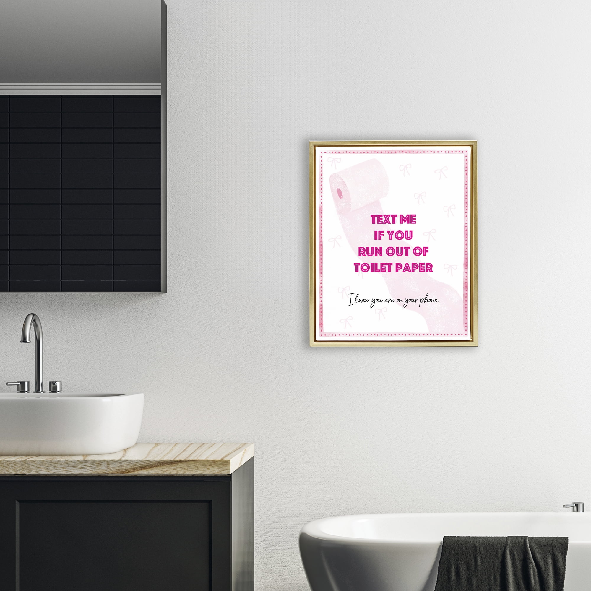 Pink Text for Toilet Paper Gold Framed Floater Canvas Wall Art, design by Ziwei Li