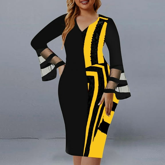 Wycnly Dresses for Women 2024 Sexy Mesh Patchwork Party Prom Formal Plus Size Wrap Dresses Long Sleeve V-Neck Color Patchwork Summer Midi Sun Dress Yellow XXL Clearance Clothes