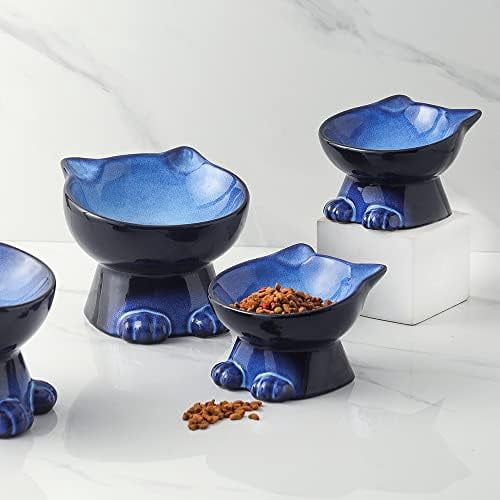 Elevated Cat/Dog Bowls Set : 5 Inch Ceramic Raised Cat Food and Water Bowl Set for Protecting Pet's Spine - Feeding & Watering Supplies for Pets- Elegant Blue & Black (2PC)