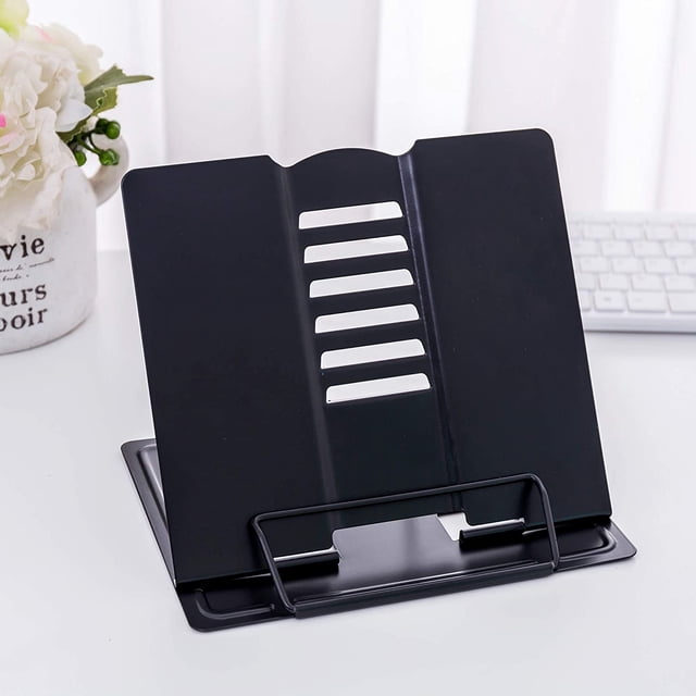 Wishacc en Métal Support de Livre Réglable Plateau et Page Trombones-Livre de Cuisine Bureau de Lecture Portable Robuste Léger Bibliothèque-Livres de Musique Recette de Cuisine Tablette Livres (Noir)