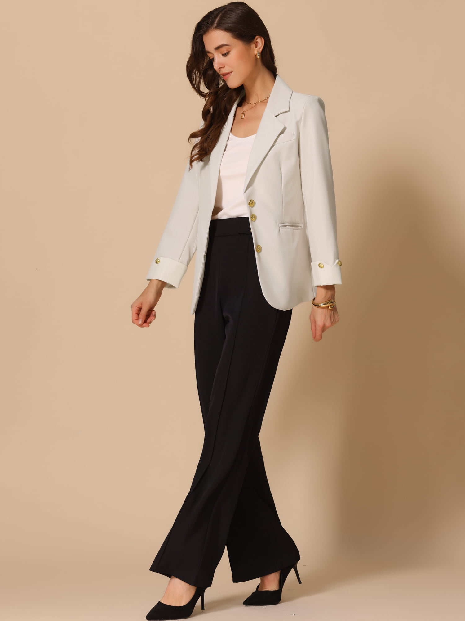 DARING DIVA Women's Notched Lapel Long Sleeve Jacket Suit Blazer L Cream White
