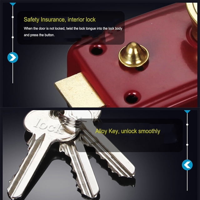 VONKY Night Deadbolt Rim Lock Household Locks Front House Padlocks Gate Anti-Theft Heavy-Duty Single Mortise Open With Key Red,Type 1 90x60mm