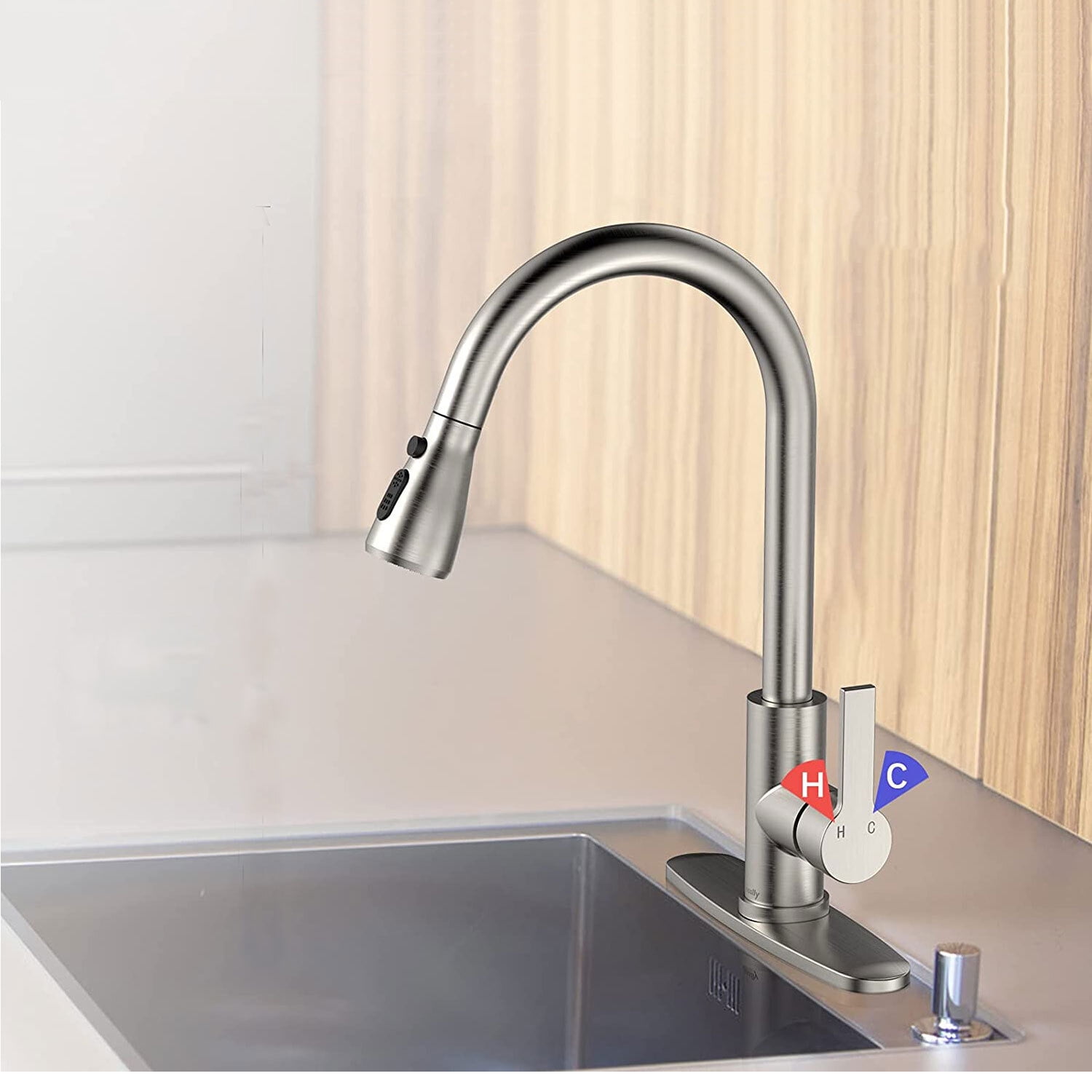 HOSSLLY Single Handle High Arc Brushed Nickel Pull Out Kitchen Faucet