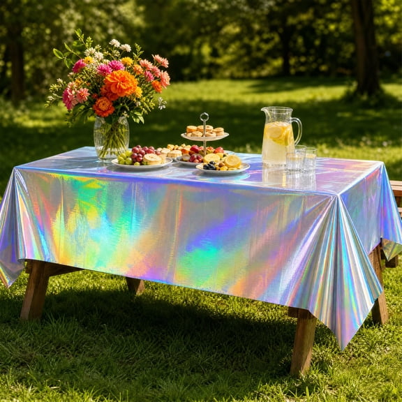 Sparkling Iridescent Holographic Tablecloth, Laser Foil Metallic Shiny Rectangle Table Cover with Rainbow Prism Effect, Disposable Party Decor