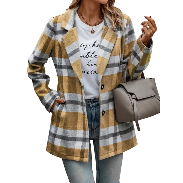 Abrigo PRETTYGARDEN Shacket a Cuadros con Botones Mezcla de Lana Amarillo Talla S