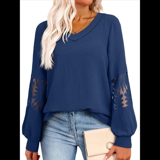 Blusas de Mujer con Cuello en V, Larga, Encaje, Elegantes, Informales, Modernas, de Gran Tamaño. Azul L
