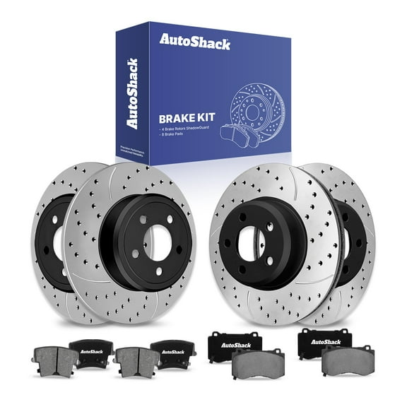 AutoShack Front Vented & Rear Solid Drilled & Slotted E-Coated Brake Rotors   Ceramic Pads 12-PC Brake Kit Replacement for 2022 Chrysler 300 2023 Dodge Challenger ShadowGuard
