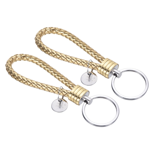 Llavero trenzado de cuero con funda de anillo de acero inoxidable, cordón de muñeca tejido de PU, paquete de 2 dorados