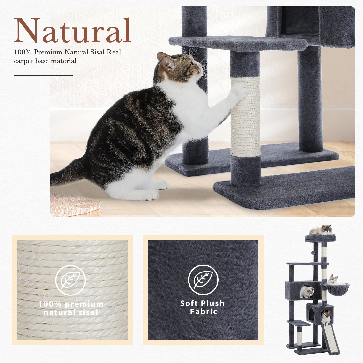 PEQULTI 61" Modern Cat Tree Large Cat Tower with Ladder and Dual Condos Indoor Dark Gray