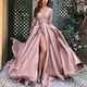 thumbnail image 5 of Vestido de noche de manga larga con cuello en V para mujer, elegante vestido de fiesta largo con abertura hasta el muslo y cintura imperio, vestido de cóctel para fiesta de boda 2XL, 5 of 5