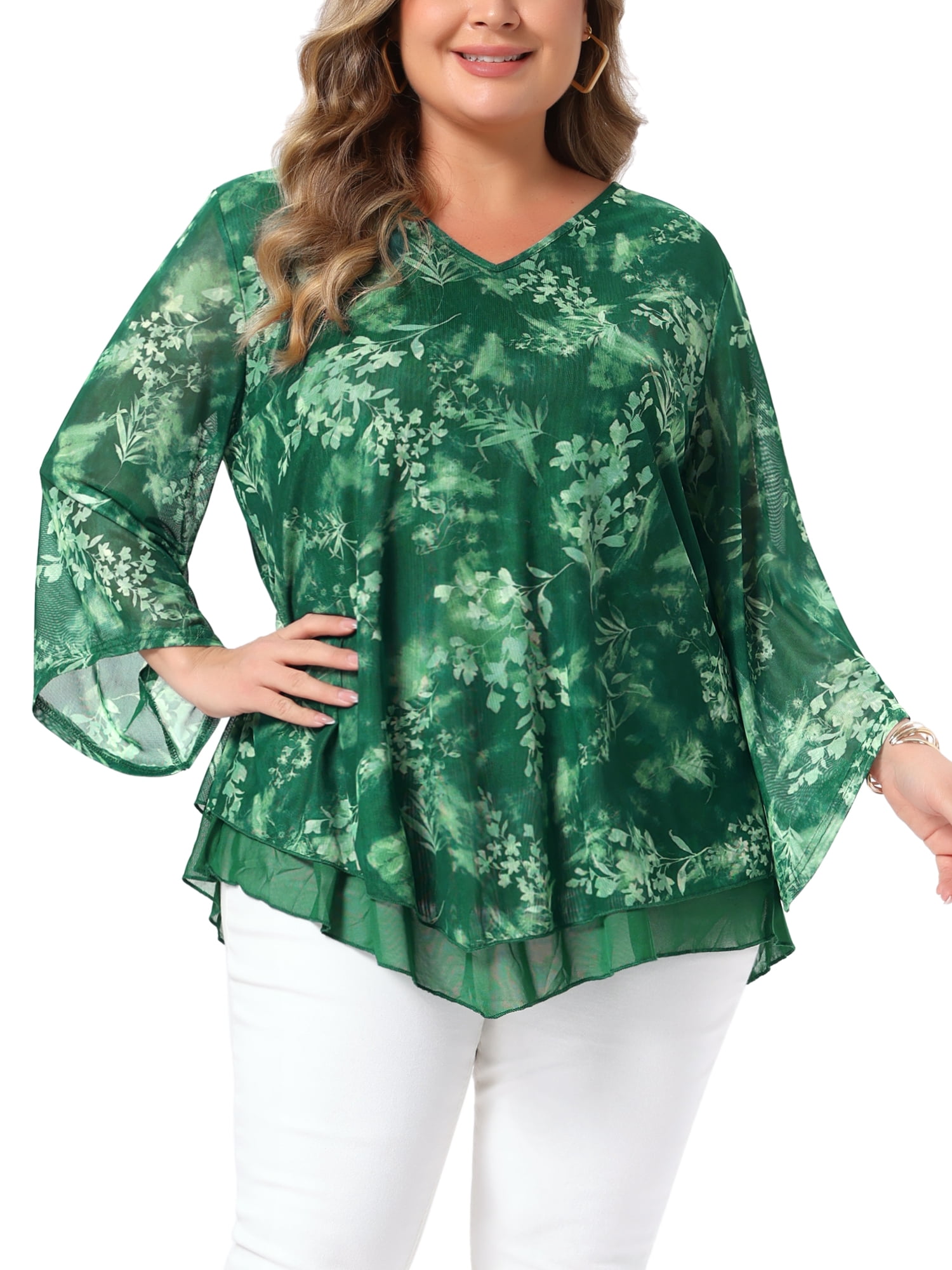 DARING DIVA Women's Plus Women's Dressy Blouse V Neck Mesh Flowy Work Shirts 4X Green