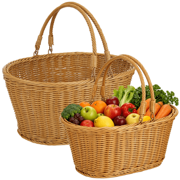 2 Pcs Woven Baskets with Handles, Various-Sized Faux Rattan Picnic Basket Set, Country Style Handwoven Waterproof Storage Basket for Grocery Shopping, Easter Egg Hunt, Flower, Home Decor