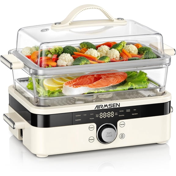 Glass Food Steamer for Cooking - 8.5QT Vegetable Steamer with 2-Tier Stainless Steel Trays, 1200W Super Fast Heating for Veggies, Seafood & Rice, BPA-Free