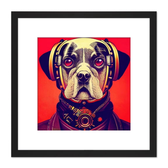 Style Dog Portrait Bold Colourful Retro Futuristic Illustration Square Wooden Framed Wall Art Print Picture 8X8 Inch