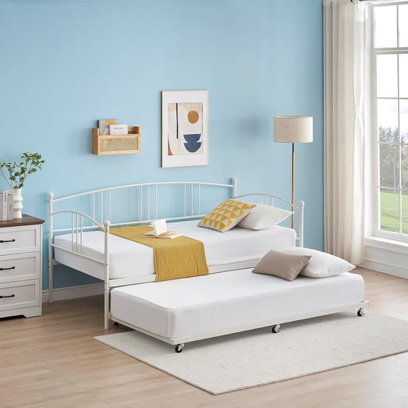 Daybed with Trundle, Sturdy Metal Day Bed with Steel Slat Support, Trundle Bed Twin with Arched Headboard, SofaBed for Living Room, Bedroom and Guest Room, White
