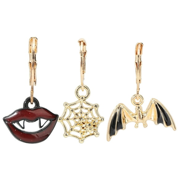 MAYUJIAA 3pcs Fashion Women Earrings Halloween Funny Lip Spider Web Bat Ear Pins SS311-47762