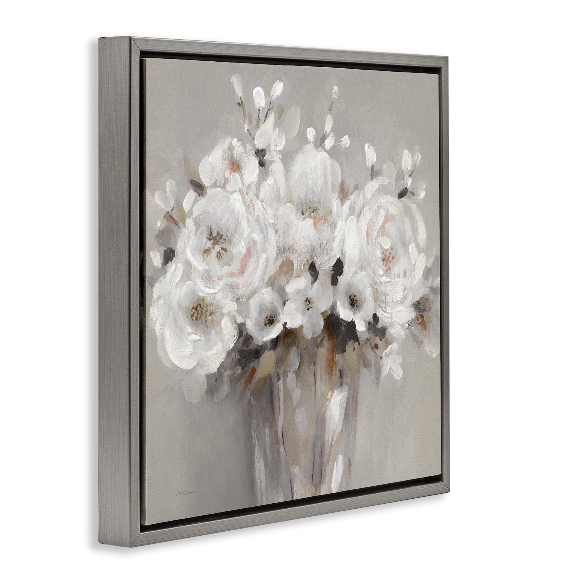 Stupell Industries White Flower Bunches Botanical & Floral Painting Gray Floater Framed Canvas Art Print Wall Art, 25 x 25