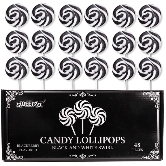 Black and White Swirl Lollipops, Bulk Blackberry Candy Pops, Party Favors, Candy Buffet Treats, 48 Count, 20.32 Ounces