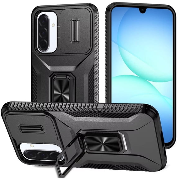 TJS Phone Case for Samsung Galaxy A17 5G, Impact Resistant Slide Camera Cover Shockproof TPU PC Lens Protection Metal Ring Magnetic Support Kickstand Cover (Black)
