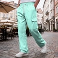 thumbnail image 5 of Men Straight Leg Cargo Pants Drawstring Elastic Waist Multi Pockets Casual Work Trousers Solid Polyester Relaxed Fit Long Pants Blue L, 5 of 7