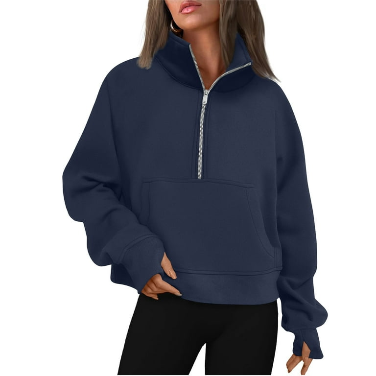 Susanny Womens Sweatshirts No Hood Long Sleeve Navy Y2k Half Zip Streetwear  Hoodies Loose Fit with Pocket Fashion Sweater Thumb Hole Petite Graphic