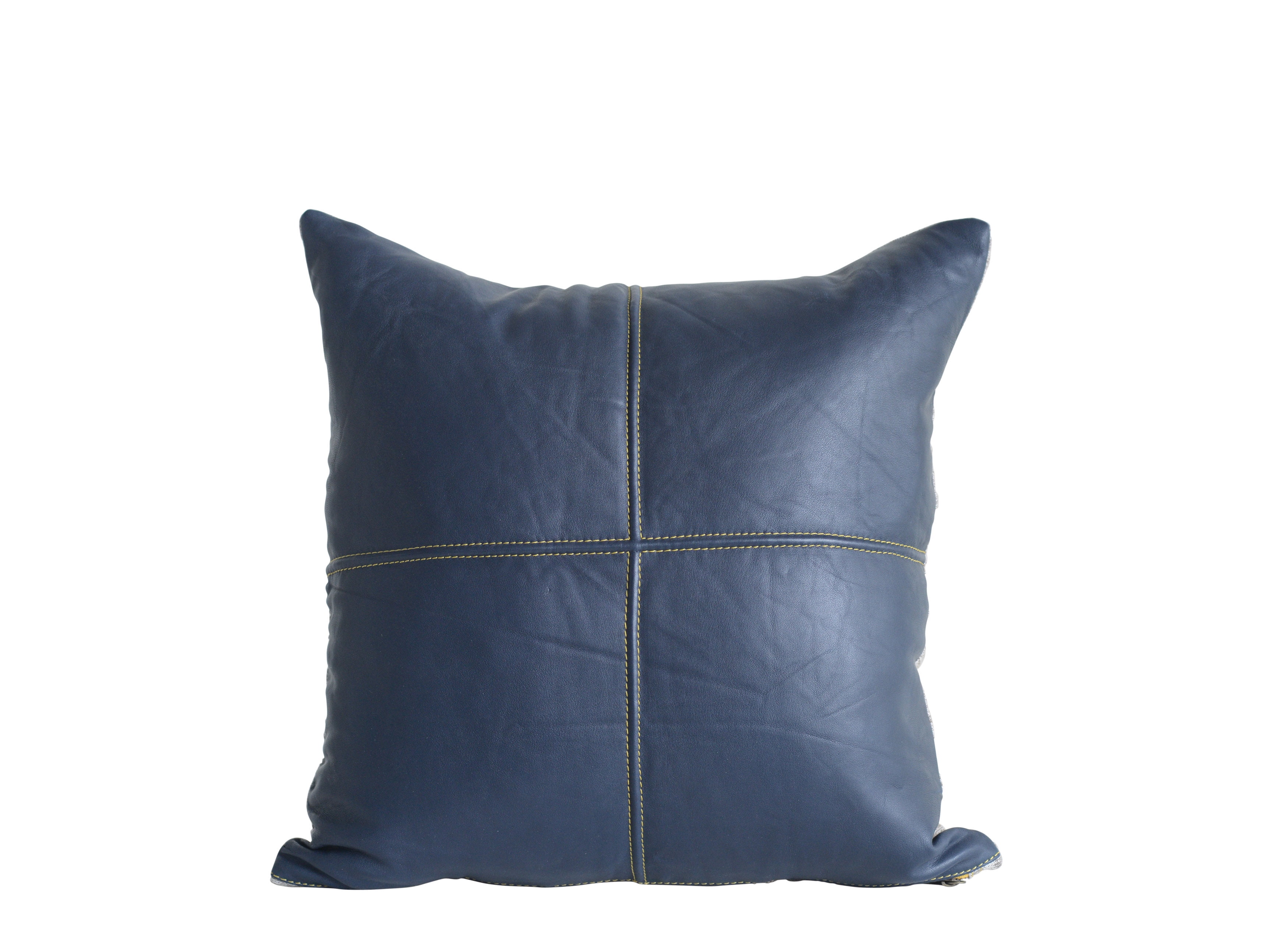 Creative CoOp Square Blue Leather Pillow with Fabric Back
