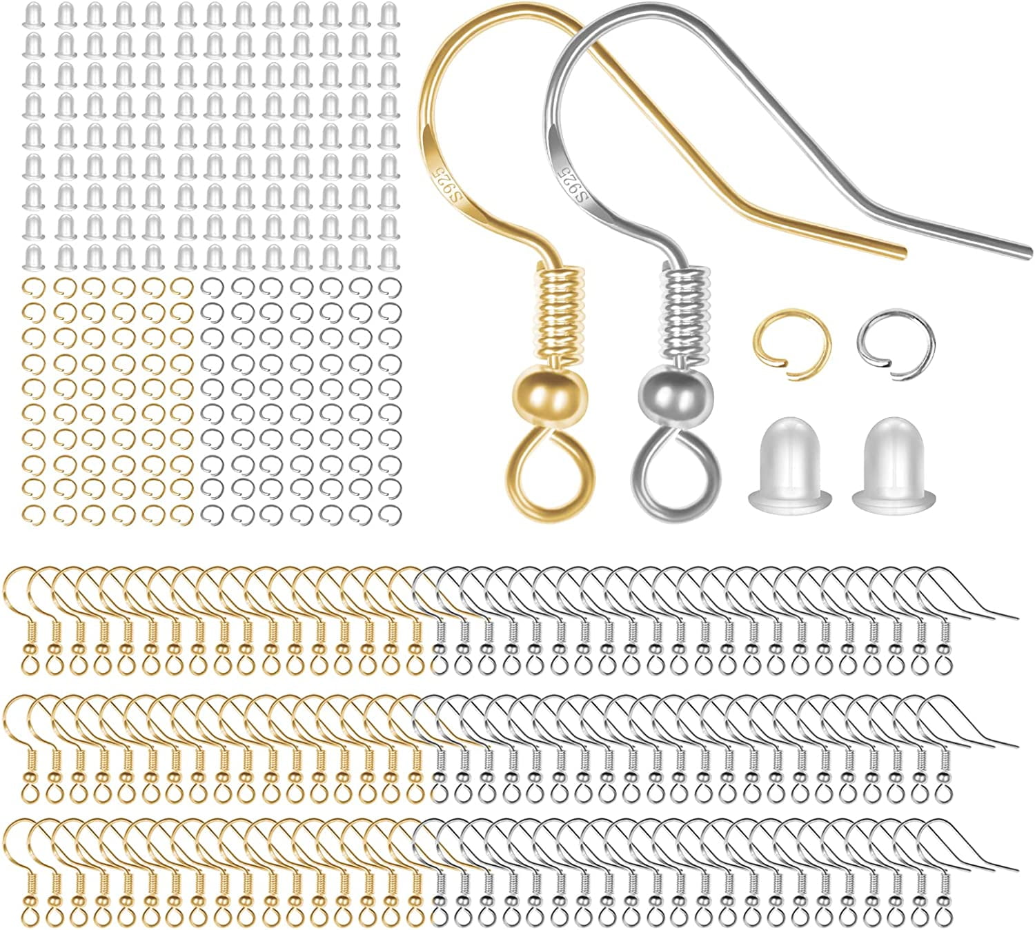 Celectigo 925 Sterling Silver Earring Hooks, 1000-pcs Ear Wire Fish Hooks Hypoallergenic Earring Making Kit with Clear Silicone Earring Backs Stoppers