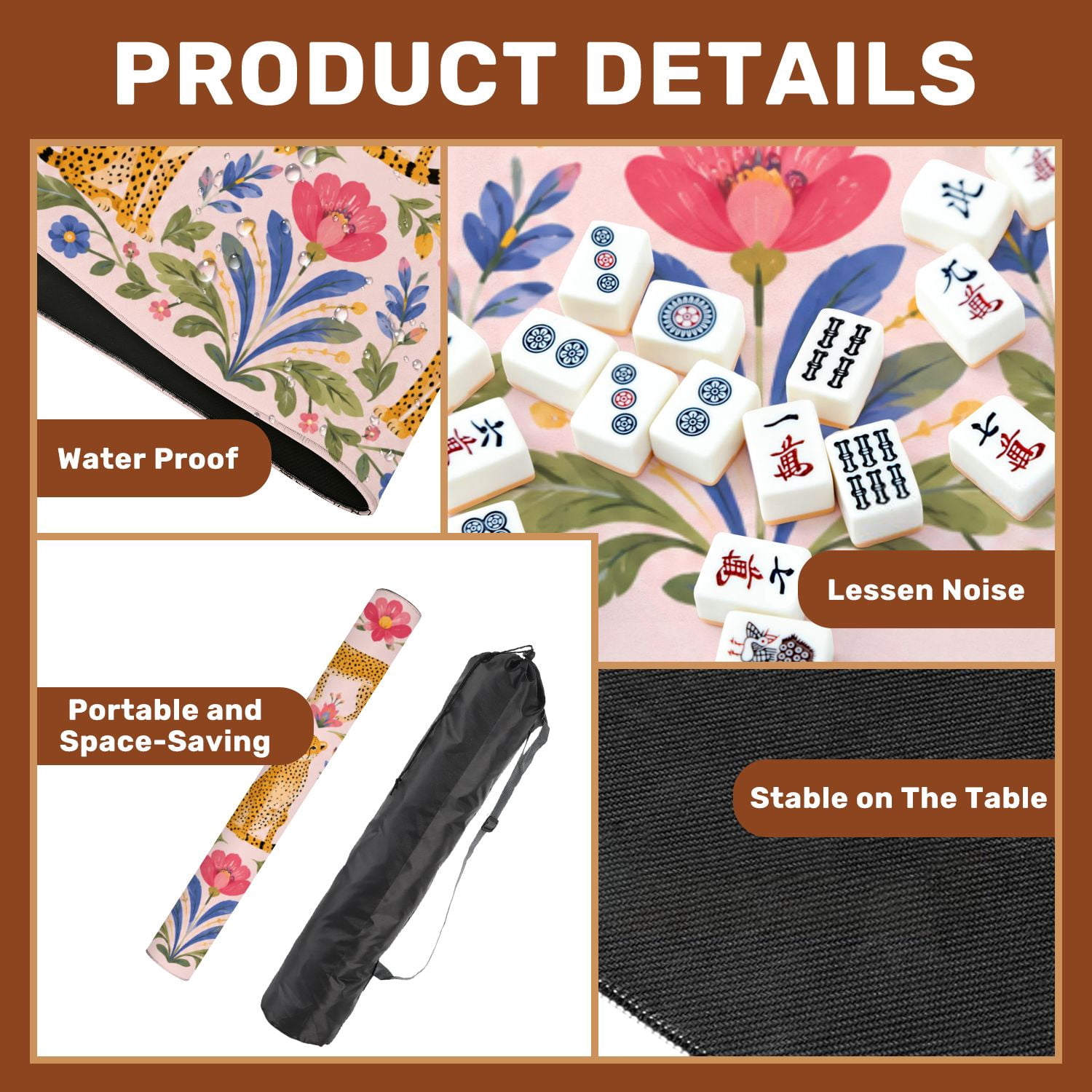 Mahjong Mat 31.5" x 31.5" Leopard Floral Vibrant Colors Pink Non-Slip Noise Reduction Mahjong Tiles Table Cover for Dominoes Poker Card Board and Tile Games