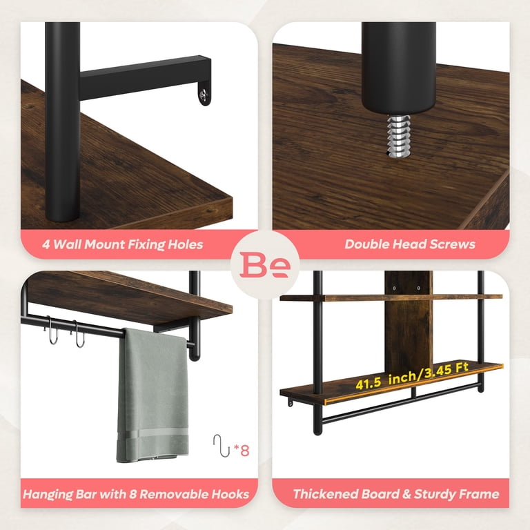 Bestier Industrial Pipe Shelves, 3-Tier Wall Mount With 8 Hooks photo 2