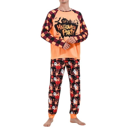 

Seyurigaoka Family Matching Halloween Pajamas Outfit Letter Plaid Cartoon Print Pullover Tops Scary Atmosphere Pattern Long Pants Sleepwear Clothing