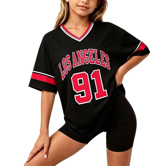 BOOMNY Baby Girls Short Sleeve Basketball T-Shirts V Neck Number 91 Graphic Workout Tee Tops for Girl Soft Activewear