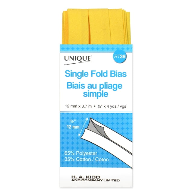 UNIQUE Single-Fold Bias Tape 13 mm (0.51 in) × 3.7 m (1/2 in × 4 yd) Canary Yellow