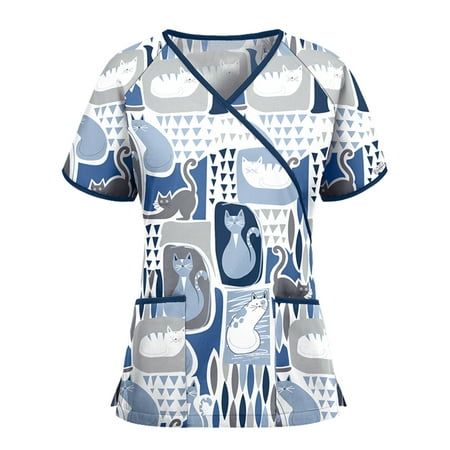 

Women Short Sleeve V-Neck Scrub Top Nurse Working Uniforms T-shirt
