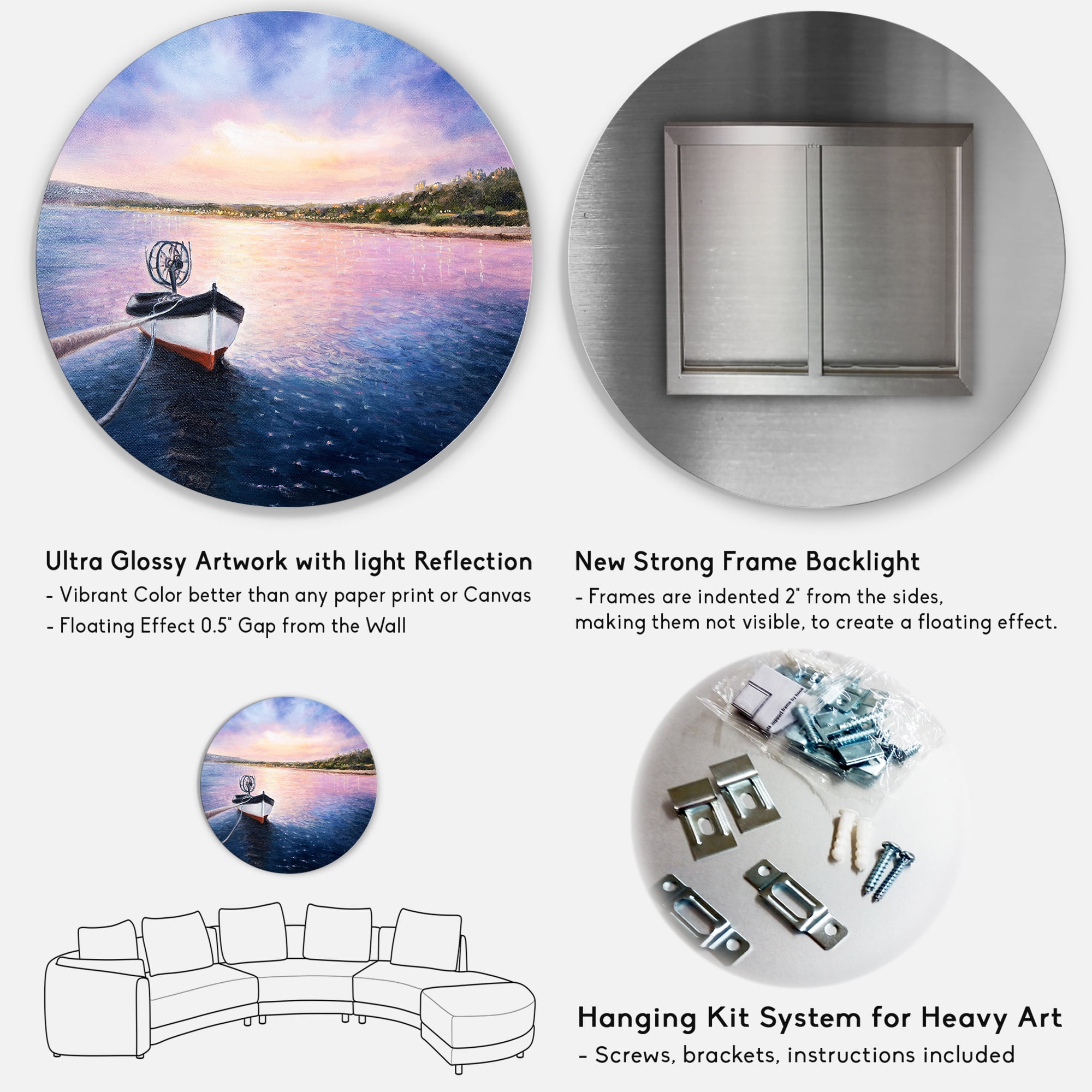 Designart 'VIbrant Sunset Over Fishing Boat By The Shore' Lake House Circle Metal Wall Art 11x11 - Disc of 11