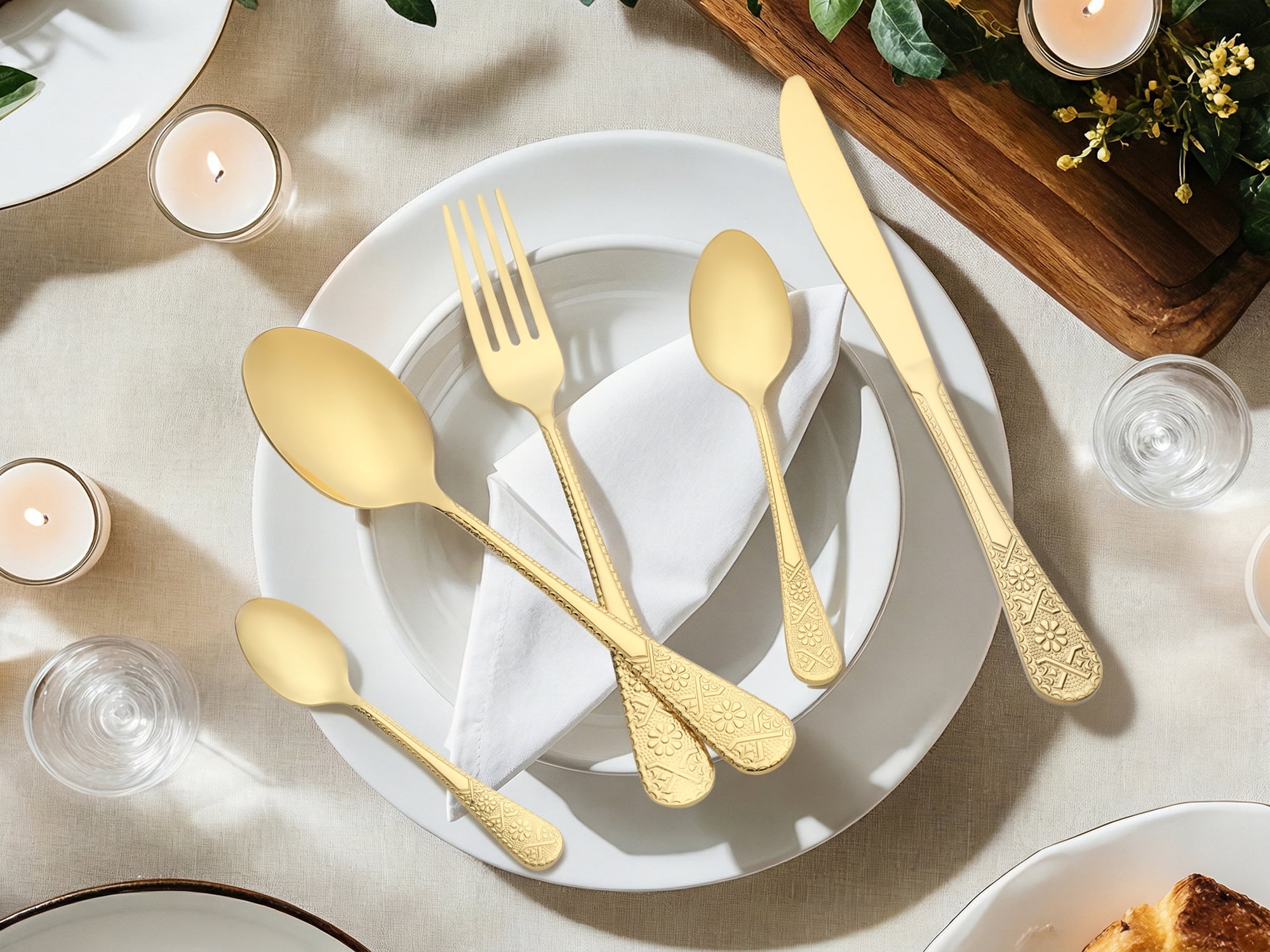 Unique Bargains 20 Piece Stainless Steel Floral Dinner Flatware Set Gold 20