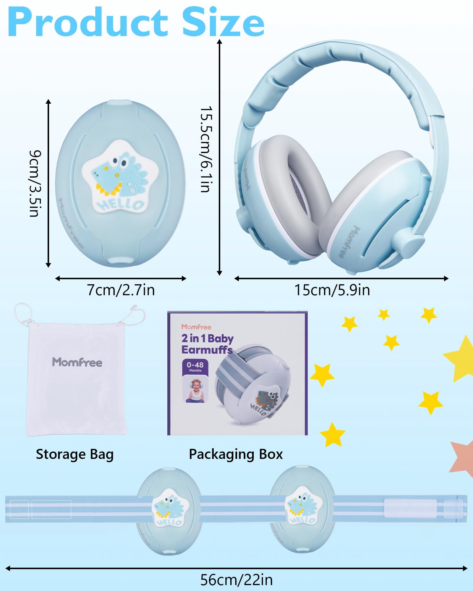 Momfree 2 in 1 Baby Ear Muffs, Noise Reduction Earmuffs & Adjustable Headband for Baby, Hearing Protection Headphone,Blue