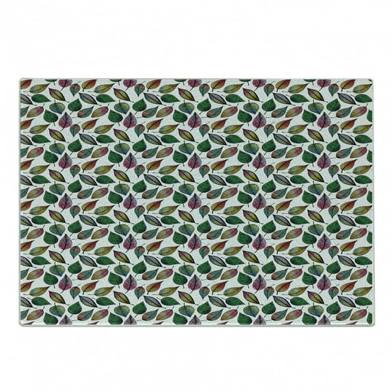Leaves Cutting Board, Colorful Abstract Style Leaf Designs Repetitive Pattern on Plain Backdrop, Decorative Tempered Glass Cutting and Serving Board, in 3 Sizes, by Ambesonne