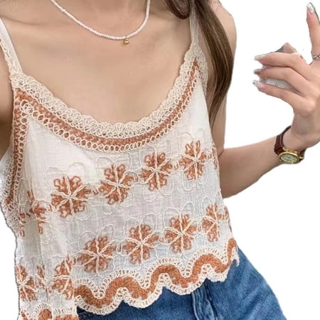 

AOOOWER Women Floral Embroidery Camisole Scalloped Lace Trim Spaghetti Strap Crop Top