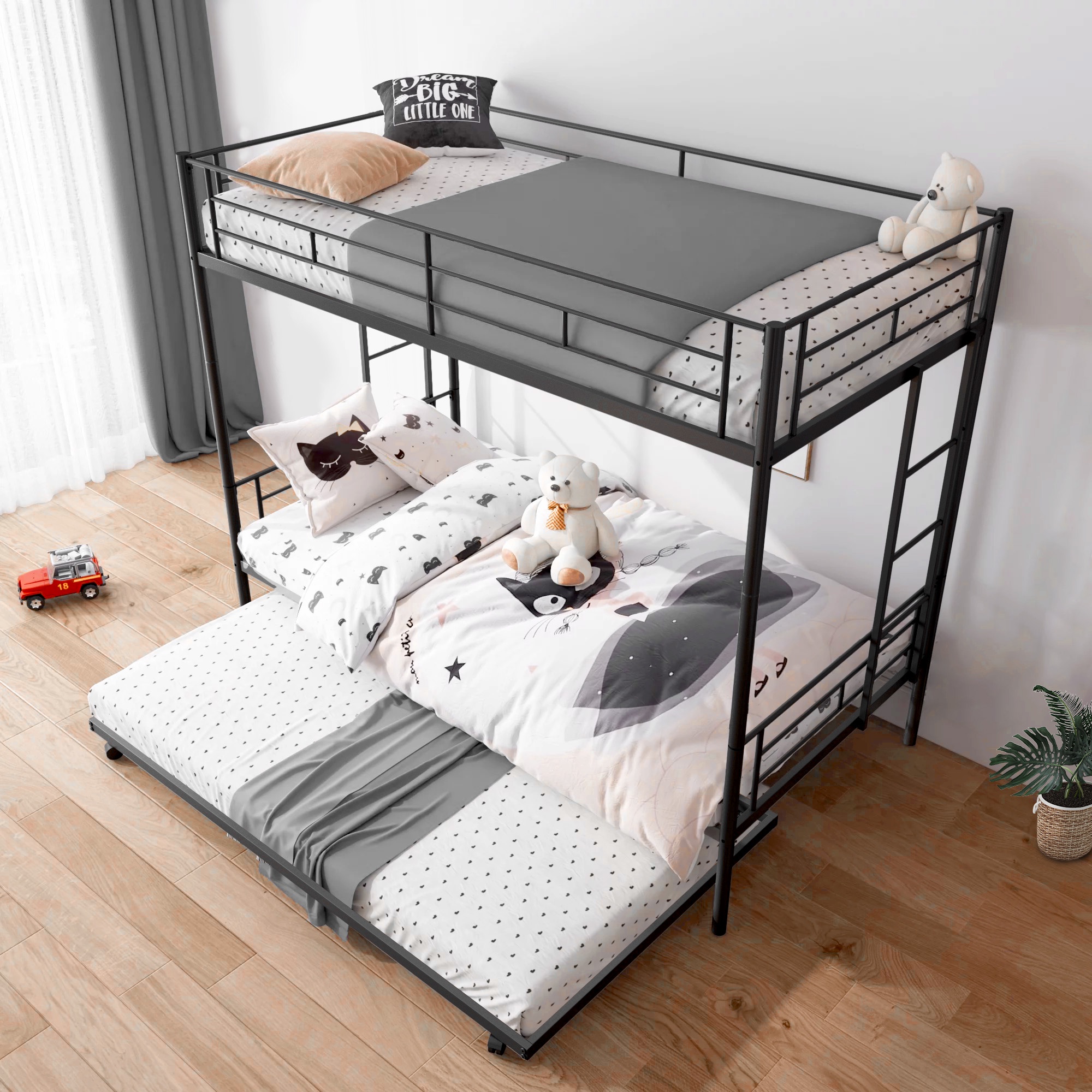 Twin Over Twin Bunk Bed With Trundle, Metal, Safety Rail, Ladders 