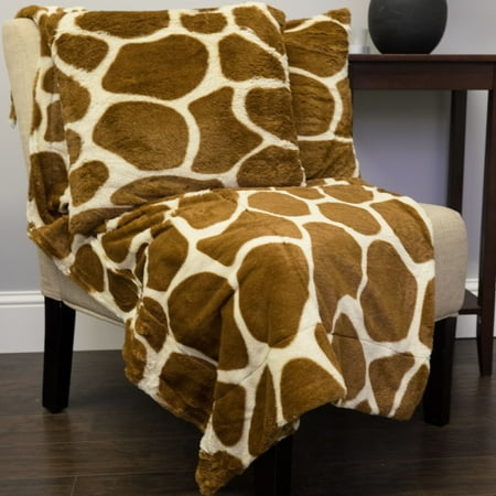 Giraffe Print 3 Piece Plush Faux Fur Decorative Pillow and Throw Set - Walmart.com