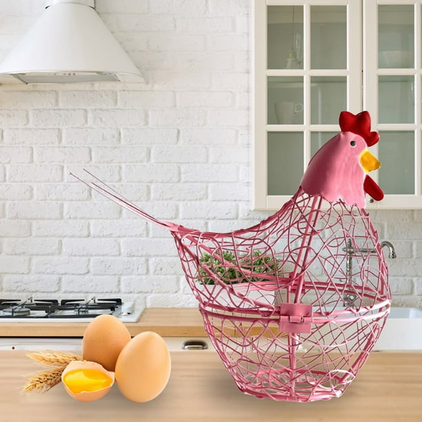 Panier à œufs En Fil Métallique En Céramique Avec Couvercle De Poule, Support Pour œufs De Poule, Fruits Et Légumes, Panier De Bureau Pour Comptoir De Cuisine - Blanc
