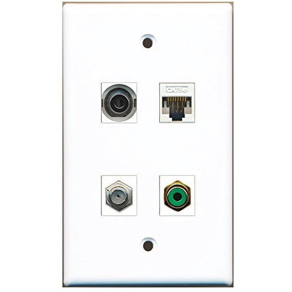 RiteAV - 1 Port RCA Green 1 Port Coax Cable TV- F-Type 1 Port 3.5mm 1 Port Cat5e Ethernet White Wall Plate