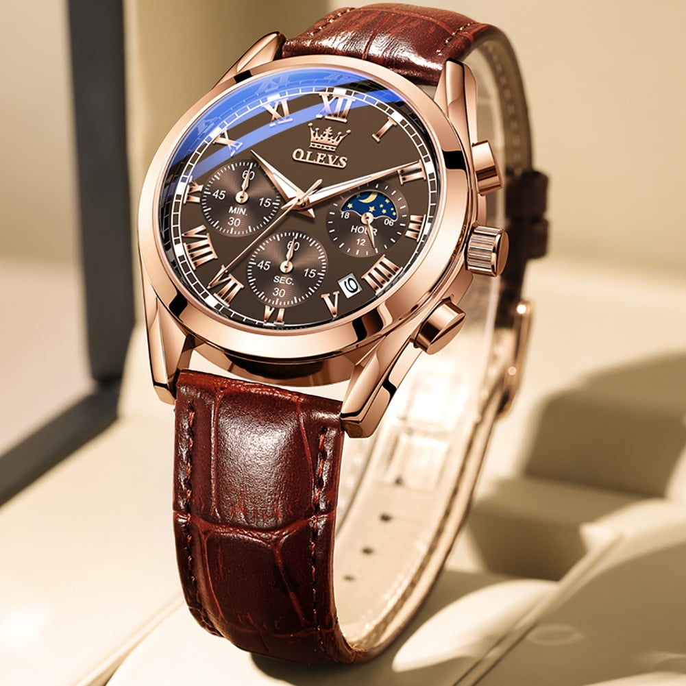 OLEVS Mens Watches Luxury Chronograph Moon Phase Waterproof Luminous Brown Leather Strap Date Rose Gold Classic Watch for Men