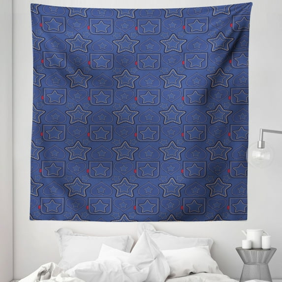 Star Tapestry, Denim Style Pattern with Hearts and Geometric Motifs on Stripes Background, Fabric Wall Hanging Decor for Bedroom Living Room Dorm, 5 Sizes, Navy Blue Marigold Red, by Ambesonne